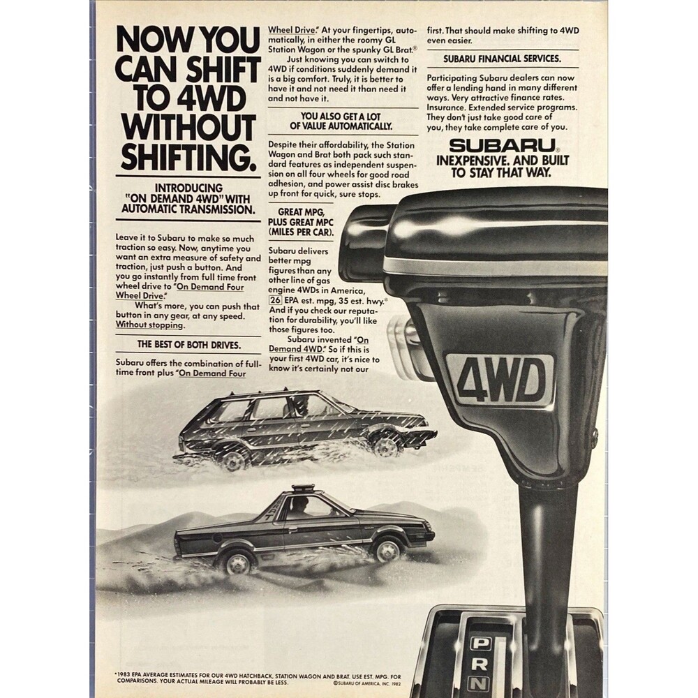 Subaru "On Demand 4WD with Automatic Transmission" Vintage Print Ad 1983